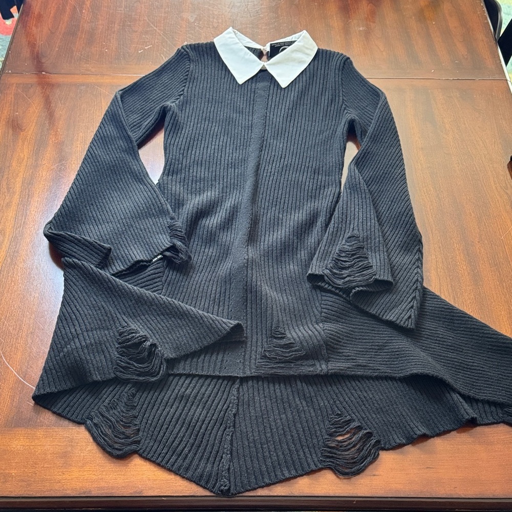 Killstar Black Hellda Distressed Long Sleeve Sweater Dress with White Collar - Picture 3 of 11
